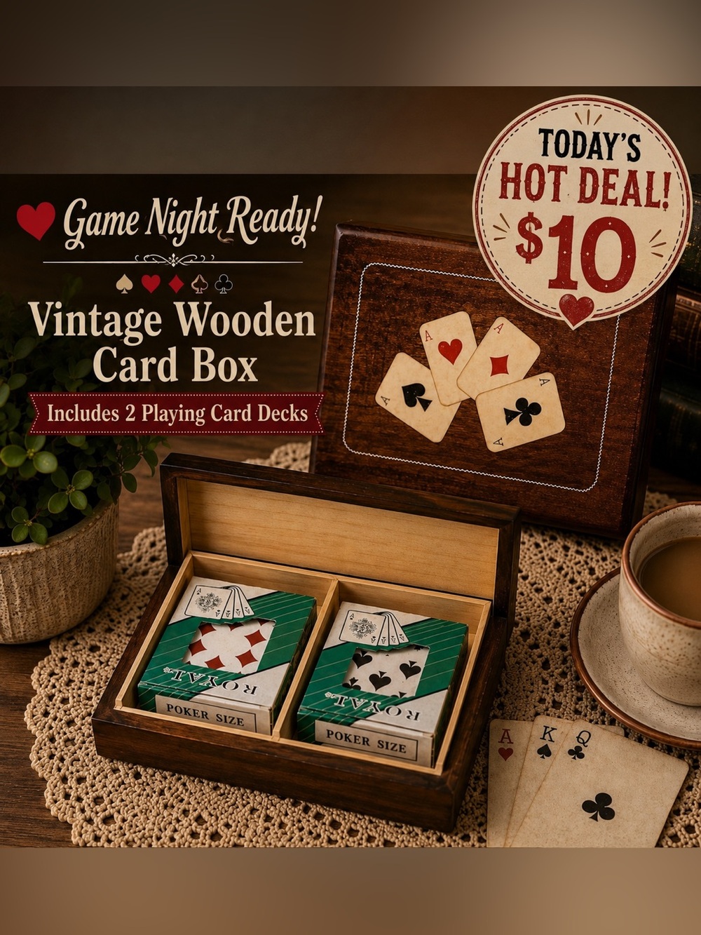♥️ Game Night Ready!

Vintage Wooden Card Box
Includes 2 Playing Card Decks